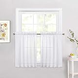 NICETOWN Linen Textured Translucent Sheer Tiers - White Half Window Valances Semitransparent Voile Panel Drapes for Kitchen/Cafe, 52 inches Wide x 36 inches Long, Sold by 2 Pieces