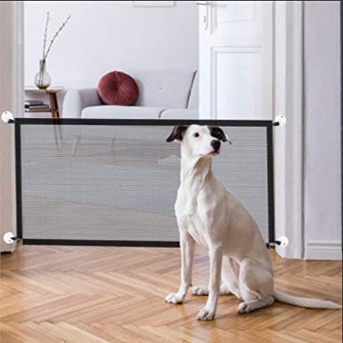 Magic Gate for Kids or Pets, Pet Baby Safety Indoor Gate, Mesh Dog Portable Folding Safe Guard Install Anywhere, Safety Fence for Hall Doorway Wide Black, 8 Hooks