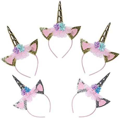 Unicorn Party Favor Supplies 5 Pack Unicorn Gold Silver Horn Headbands Animal Photo Props with Glitter Ears, Unicorn Theme Birthday Cosplay for Girls Children Gift Christmas Halloween Party Costume