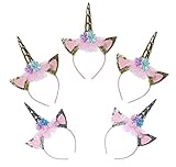Unicorn Party Favor Supplies 5 Pack Unicorn Gold Silver Horn Headbands Animal Photo Props with Glitter Ears, Unicorn Theme Birthday Cosplay for Girls Children Gift Christmas Halloween Party Costume