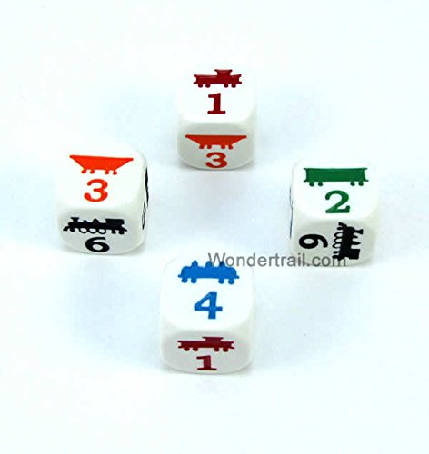 WKP06572E4 Train Dice D6 White Opaque with Different Color Trains 18mm (23/32in) Set of 4 Dice Koplow Game