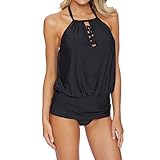 SUNNOW Women's High Neck Tankini Black Criss-crossBackless Beachwear Swimsuit