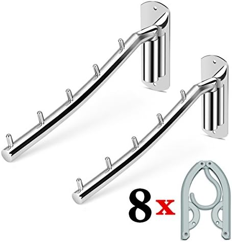 2 Wall Clothes Racks with 8 Folding Hangers, Stainless Steel Swing Arm Holder for Laundry Storage Organization and Closet