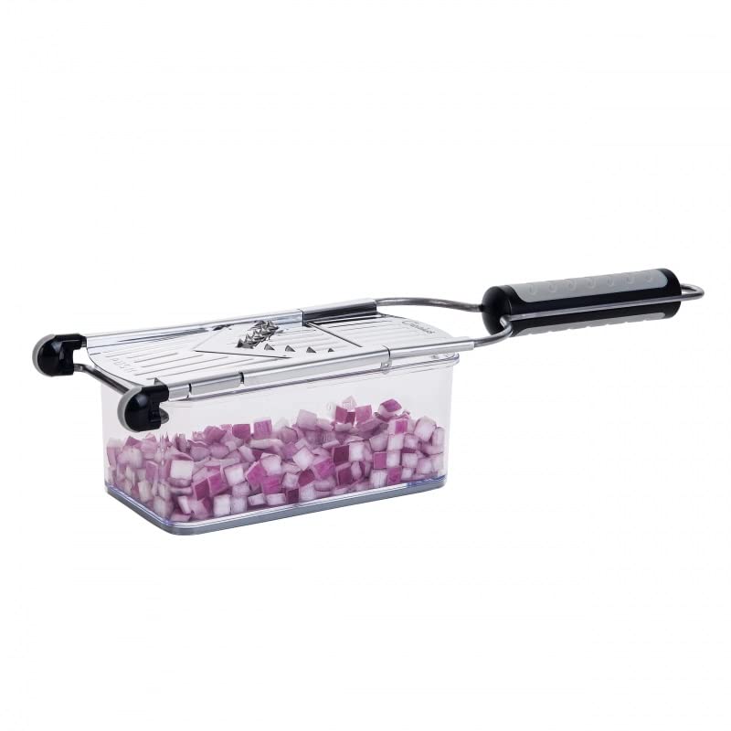 Genius Nicer Dicer Speed Set 9-tlg Multihobel - Gemüseschneider Gemüsehobel mit 3 Einsätzen, Schneidguthalter & Auffangbehälter 550ml | Parmesanreibe, Juliennereibe und V-Hobel, Silber 7