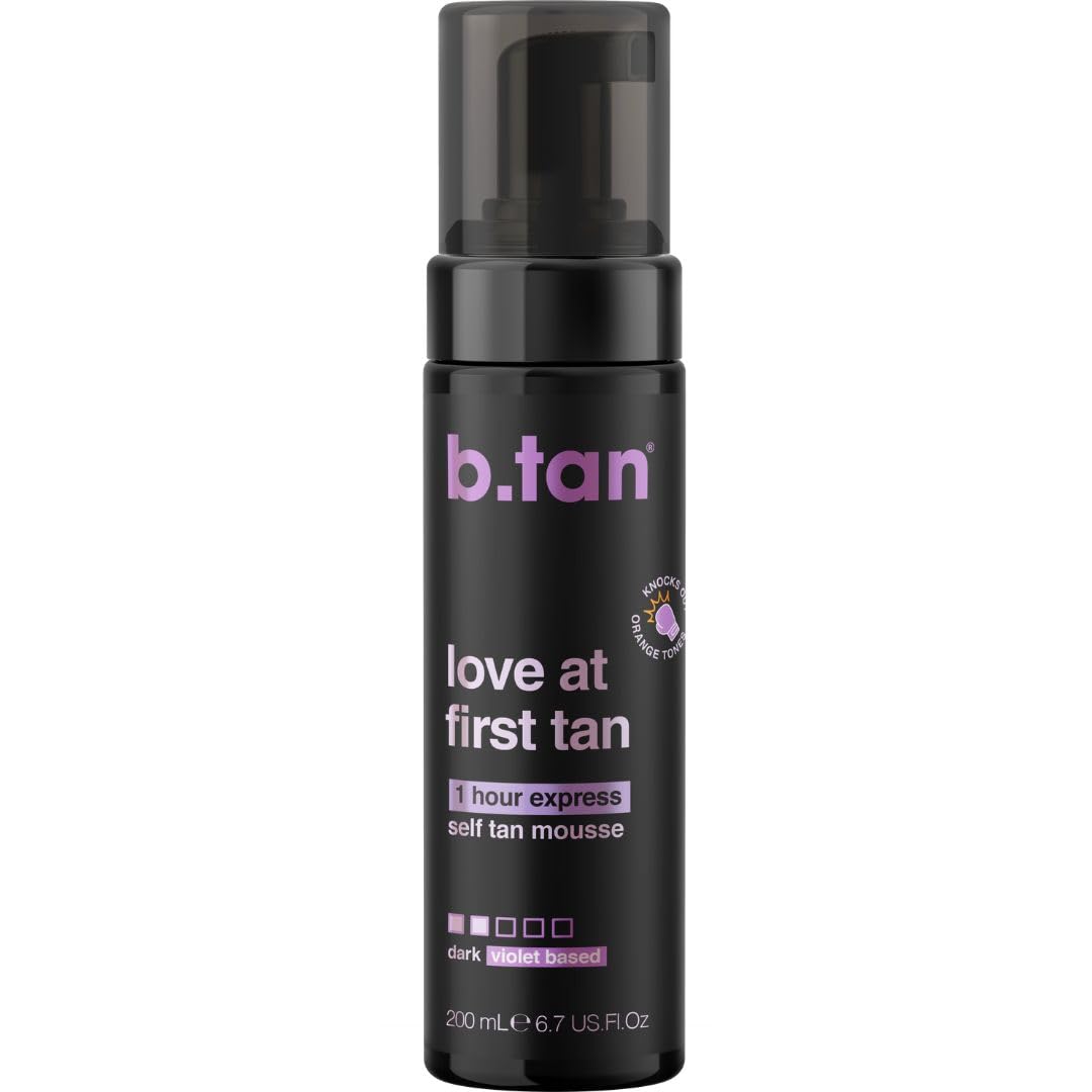 b.tan Violet Self Tanning Mousse | Love At First Tan - Dark, 1 Hour Instant Express Bronzing Foam, No Fake Tan Smell, Best Tinted Sunless Tanner, Face & Body, Australian Glow, No Orange Tones, 200ml