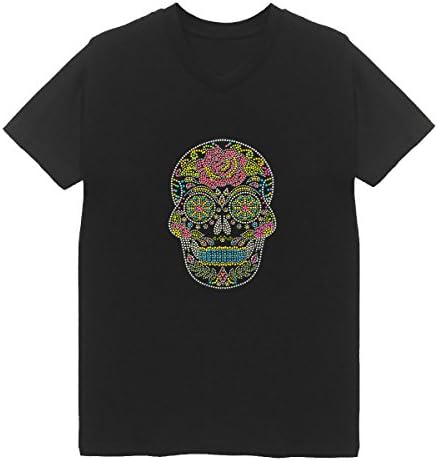 Sugar Skull Rhinestone V Neck Plus Size Unisex Bling (3X-Large)
