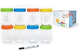 Glass Baby Food Storage Containers - Set contains 8 Small Reusable 8oz Jars with Airtight Lids - Safely Freeze your Homemade Baby Food