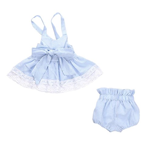 AMA(TM) Newborn Infant Baby Girls Summer Bowknot T-Shirt +Shorts +Headband Outfits Clothes Set (6-12M, Light Blue)