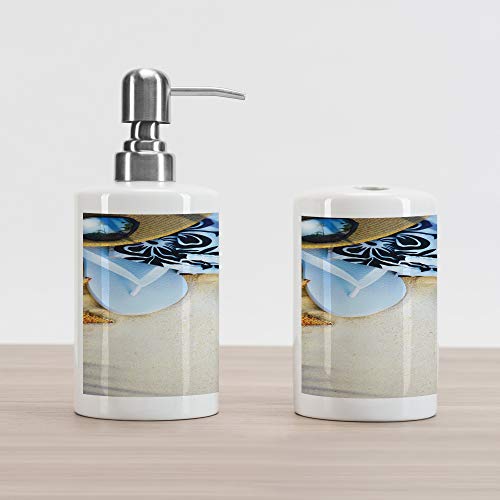 Ambesonne Beach Soap Dispenser and Toothbrush Holder Set, Dream on The Tropical Beach Seashell Starfish Sea Star Sunglasses Flip Flop Slippers, Decorative Ceramic Bathroom Accessory Set, Multicolor