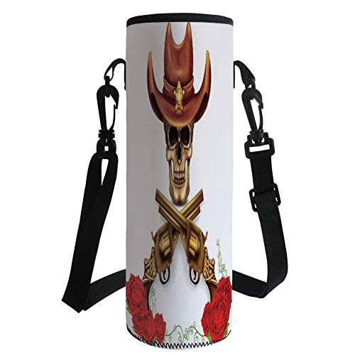 iPrint Water Bottle Sleeve Neoprene Bottle Cover,Rose,Sheriff Skull in Cowboy Hat Crossed Guns Red Blooms Death Duel,Dark Orange Pale Coffee Vermilion,Fit for Most of Water Bottles