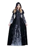 Women's Halloween Ghost Witch Hooded Costume Cloak Dress Outfit Black,Adult,Medium