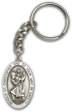 Religious Keychains - Antique Finish Silver Saint Christopher Keychain fully engravable