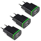 European Wall Charger, 3-Pack 2.1A 5V Universal Dual USB Port EU Travel Power Adapter Plug with LED Light for iPhone 7 Plus 6S 5S Se, Samsung Galaxy S8 Plus S7/S6 Edge, HTC, LG, Android Phone (Black)