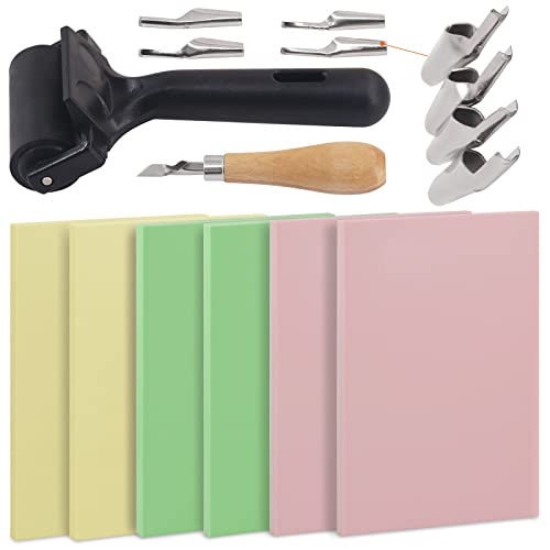 Rustark 13Pcs Rubber Stamp Making Kit with Stamp Block, Rubber Brayer Roller,Rubber and Wood Carving Cutting Tool, Block Printing Starter Tool Kit for Inking Blocks Carving and Printmaking