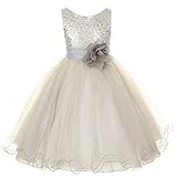 Sparkly Sequined Mesh Flower Girls Dress Pageant Wedding Prom Easter Graduation Silver 2-14