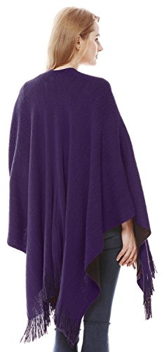 Lovful Women Winter Warm Faux Cashmere Feel Poncho Capes Scarf Shawl Cardigans Sweater Coat,BlackPurple - Thumbnail 2