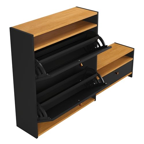Sapateira Diamante 3 Portas Basculante Puxador Resistente Polipropileno 18 Pares Calçados 2 Nichos Organizador Decoração Moderna Quarto Sala Hall Entrada Closet (Preto/Nature)