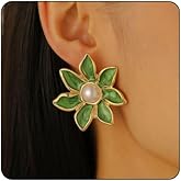 Pearl Flowers Earrings for Women,Vintage Colorful Dripping Oil Flower Earring Statement Embedded Pearl Flowers Earrings Summer Simplicity Jewelry