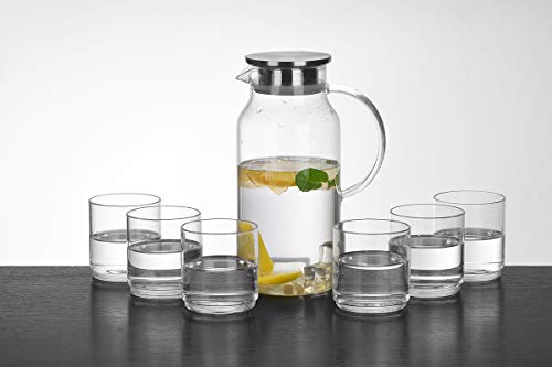 Cupwind 55 Ounce Glass Pitcher with Stainless Steel Lid, Hot/Cold Water Carafe with Handle, Juice and Ice Tea Pitcher x Set of 6 Glass Beer Drinks Cups 8.5 Ounce x Serving Tray
