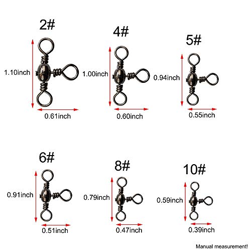 XIAO JING Drei-Wege-Angelwirbel, dreifache T-Turn-Drehwirbel, Größe: 2, 4, 5, 6, 8, 10, 140 Stück – Bild 4