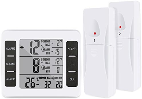 Digital Refrigerator Thermometer, Indoor Outdoor Fridge Thermometer Wireless Sensor with Audible Alarm Back Magnetic for Freezer / Kitchen / Home
