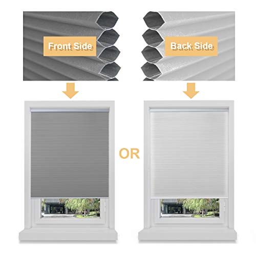 Allesin Cellular Honeycomb Blinds White Dark Gray Blackout 46" W x 48" H Single Cell Pleated Shade Cordless Easy Lift Room Darkening Inside & Outside Mount for Windows