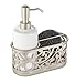 mDesign Decorative Ceramic Kitchen Sink Countertop Liquid Hand Soap Dispenser Pump Bottle Caddy with Storage Compartment - Stores Sponges, Scrubbers, Brushes - White/Satin