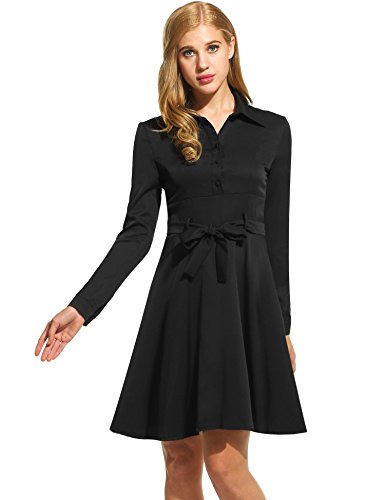 Collar Long Sleeve Pleated Swing Shirts Dress เดรส แฟชั่นชุดทำงาน With Belt ANGVNS ผู้หญิง Turn Down