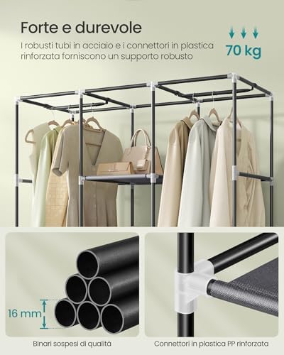 Armadio di Tessuto, Guardaroba Portatile, Organizzatore Porta Abiti con Copertura in Tessuto Non Tessuto, Appendiabiti, Ripiani, 45 x 130 x 168 cm, Alto Portante, Grigio Tortora RYG096G01