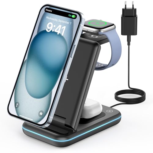 Cargador Inalámbrica, Plegable 3 en 1 Base Cargador para i Phone 17/16/15/14/13/12/Plus/Pro MAX, Estación de Carga para AppleWatch Ultra-2, Rapida Wireless Charger para AirPods 4/Pro/3/2-Negro