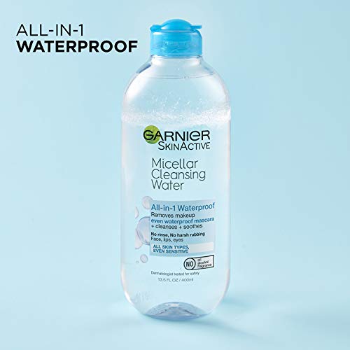 GARNIER MICELLAR WATER FOR WATERPROOF MAKEUP, HYDRATING FACIAL CLEANSER & MAKEUP REMOVER, SUITABLE FOR SENSITIVE SKIN, VEGAN, CRUELTY FREE, 13.5 FL OZ (400ML), 1 COUNT