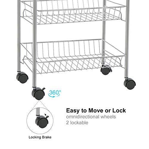 HOME BI 5-Tire Metal Rolling Cart, Lockable Utility Trolley for Kitchen and Bathroom, Silver