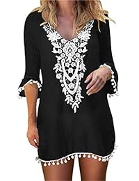 BlUETIME cobertor para traje de baño de dama de encaje de ganchillo chifón playa traje de baño túnica