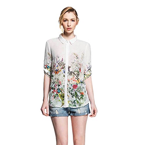 Weixinbuy Womens Retro Floral Print Chiffon Button Down Blouse 3/4 Sleeve Shirt Grey M