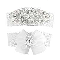 Kirmoo Vintage Bridal Garter Set Lace Wedding Garters For Bride White with Bow Rhinestones (3XL(27"~30"))