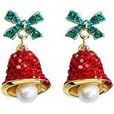 Christmas Earrings for Women Hypoallergenic Bow Pearl Xmas Earrings Sparkling Rhinestone Bell Bow Stud Earring Holiday Jewelry Gifts Christmas Outfits for Women 2025