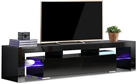Furniture TV stand cabinet Black hi gloss modern style LED Light Shelves TV Stand Unit Cabinet w/ 2 Drawer Console