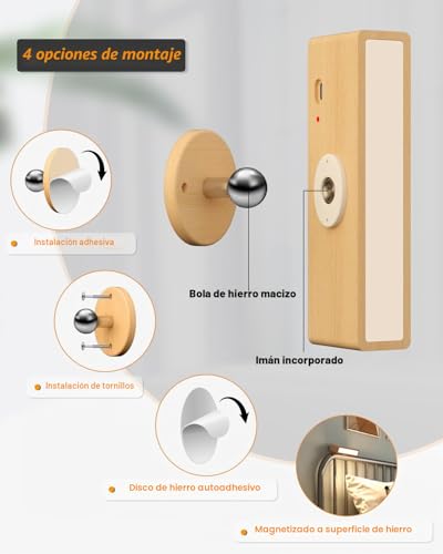 DetarZinLED Wall Lamp with USB Charging Battery, Rechargeable Bedside Lamp, Adhesive Interior Wall Lamps for Bedroom without Cable (Beech Wood, 2 Pcs)