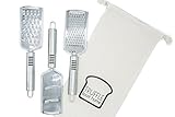 Set of 3 Professional Stainless Steel Graters for Cheese, Vegetables, Chocolate for kitchen preparation needs - Fine grater, Coarse grater and Large shaver, each with a Stylish Protective Fabric Bag