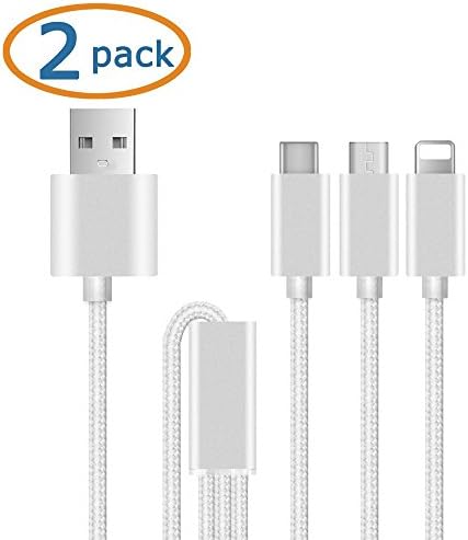 CiDoss 2 Pack Multi USB Cable 3.3 Feet (1M) Nylon Braided 3 in 1 USB Charge Cable with 8 Pin Lightning, USB Type C, Micro USB Charger Connector for iPhone 6 6 Plus 5 5s, iPad Tablets (White)