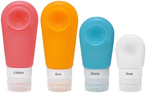 4 Pack Portable Silicone Travel Bottles Strong Suction Cup Leak Proof, with Facial Brush and Toothbrush Case Covers, FDA Certificated Pack P14