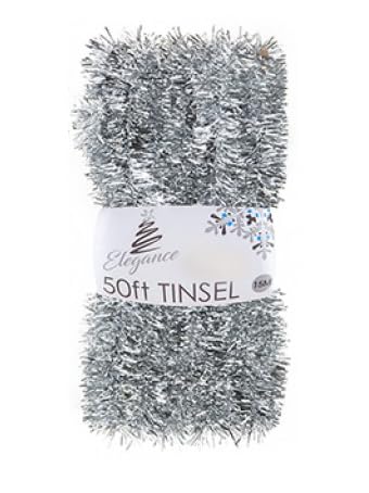 50ft Tinsel Garland For Christmas Tree Decorating 15 Metres of Sparkly Metallic Xmas Foil Extra Long for Stairs or Crafts (Silver)