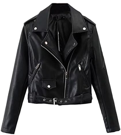 Esast Women's PU Faux Leather Slim Fit Zipper Moto Biker Jacket Coat Black S