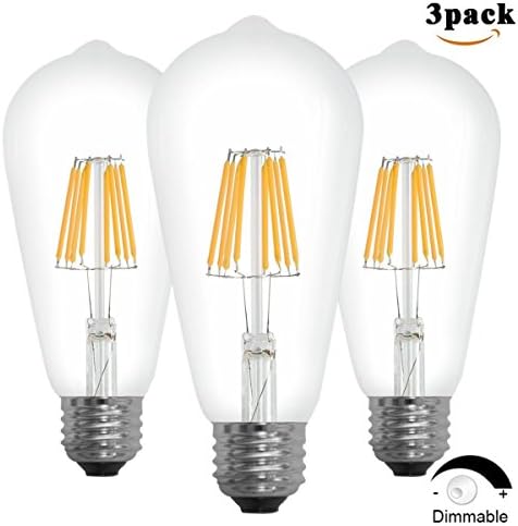 Santaro 8W 3pack Warm White Dimmable Edison Vintage LED Filament Bulb - Soft White Replace 60W Incandescent, E26 110V 80Ra LED Edison Style Retro ST64