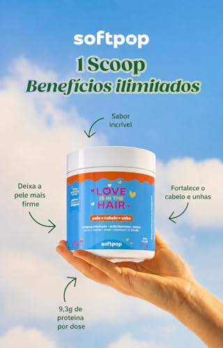 Softpop Love is in the Hair | Colágeno Hidrolisado com Ácido Hialurônico, Biotina, Vitamina C, Zinco e 9 Aminoácidos | Pele, Cabelo e Unhas | 200g