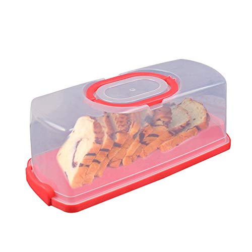 Portable Bread Box with Handle Loaf Cake Container Plastic Rectangular Food Storage Keeper Carrier 13inch Translucent Dome for Pastries, Bagels, Bread Rolls, Buns or Baguettes (Red)