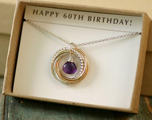 60th Birthday Sterling Silver Necklace: 6 Rings for 6 Decades - with Gift Note
