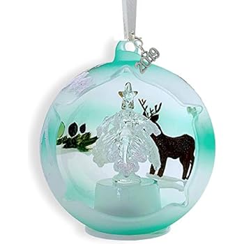 BANBERRY DESIGNS 2019 LED Glass Ball Christmas Ornament - Reindeer, Bunny, and Xmas Tree Hand Painted Design - White Glitter Painted Snow - 3 ½ Inch Diam.