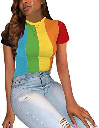 Womens Long Sleeve Turtleneck Pullover Shirt Rainbow Stripe Print Slim Fit Blouse Top