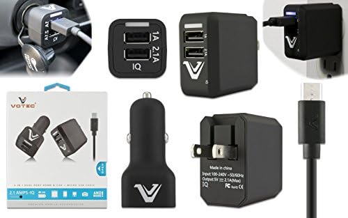 Votec Compatible 2.1 AMP 3in1 Rubberized Car + Home Charger + 6.5FT Micro USB Cable for Galaxy S6 S7 J7 LG Stylo 2/V 3+ X Power K8 K10 K20V Moto E5 G5S+ G5+ C+ E4+ ZTE Blade V8 Mini Lite Blade V9